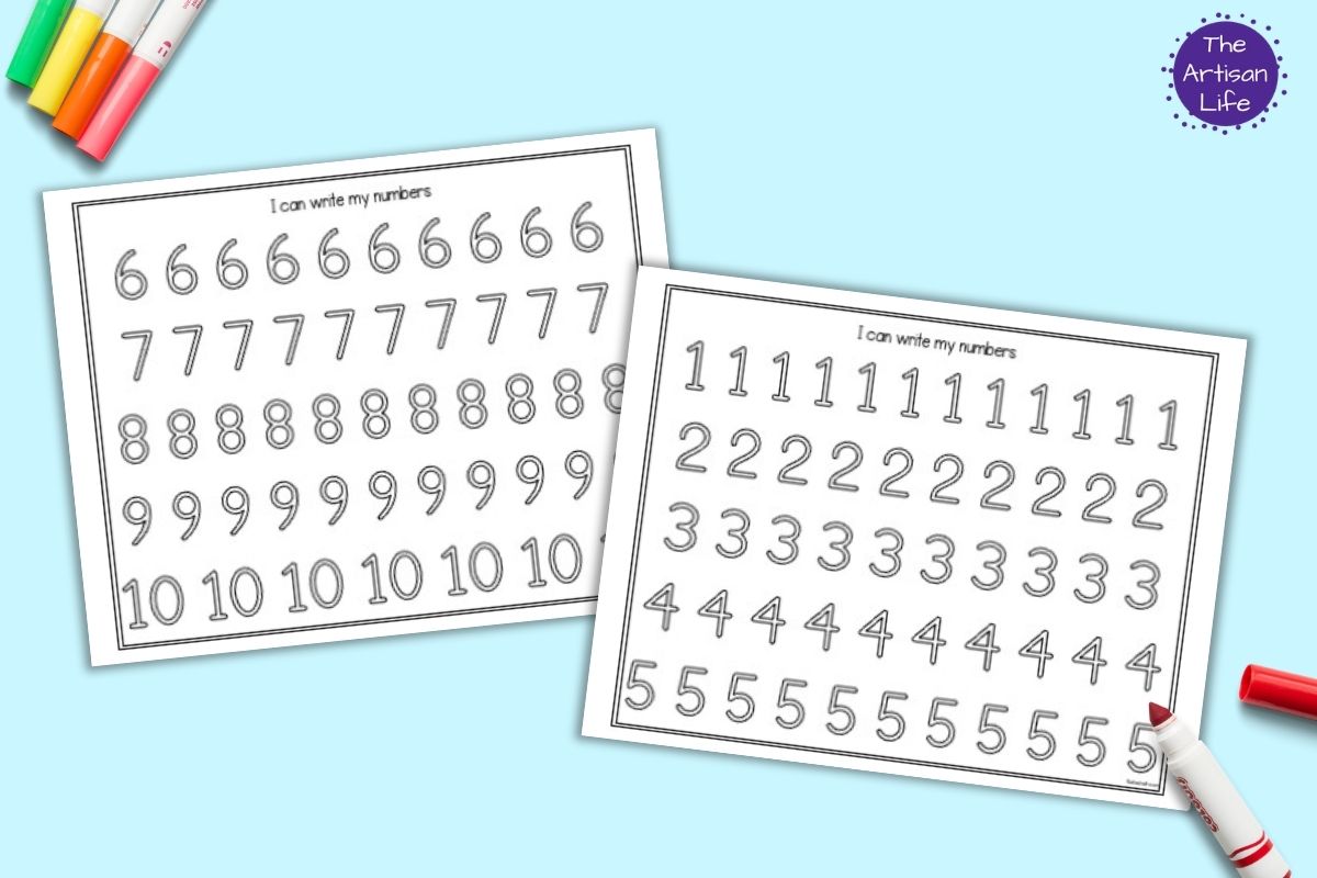 Two number tracing pages with numbers 1-5 and 6-10 to trace bubble font for rainbow writing. They are shown on a blue background with colorful children's markers.