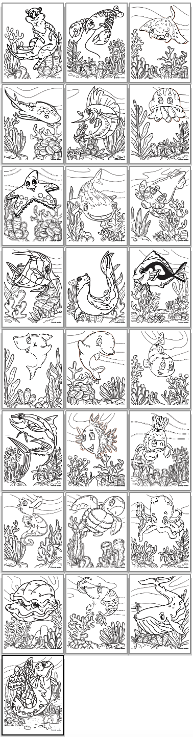 A 3x8 grid of printable sea animal coloring pages. Animals are: Blue tang Butterfly fish Clam Clownfish Crab Dolphin Eel Jellyfish Lionfish Lobster Manta ray Octopus Sailfish Sea otter Sea turtle Seahorse Seal Shark Shrimp Squid Starfish Stingray Tuna Whale Whale shark
