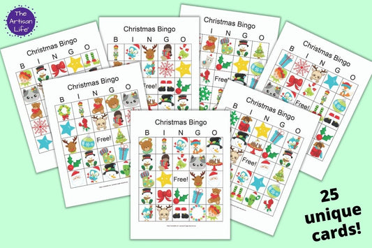 Christmas Bingo Cards - Classroom Set of 25 unique picture bingo cards