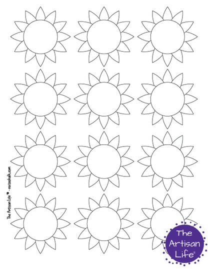 A page with 12 small black and white sunflowers with flowers only, no stem