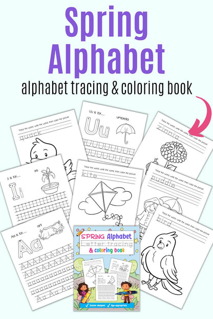 Text "spring alphabet tracing and coloring book" with a preview of images from a spring themed alphabet tracing book