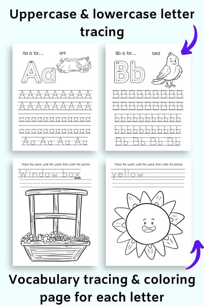Text "uppercase & lowercase letter tracing" and "vocabulary tracing and coloring page for each letter)