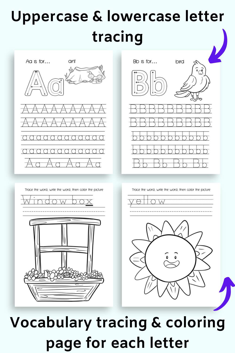 Text "uppercase & lowercase letter tracing" and "vocabulary tracing and coloring page for each letter)