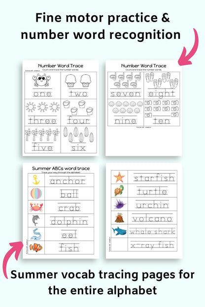 Text "fine motor practice and number word recondition" and "Summer vocabulary tracing pages for the entire alphabet" pointing at preview of the mentioned pages.
