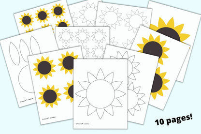 A preview of 10 printable sunflower templates and sunflower patterns including large sunflowers, sunflower patterns, medium sunflowers, and small sunflowers in color and black and white.