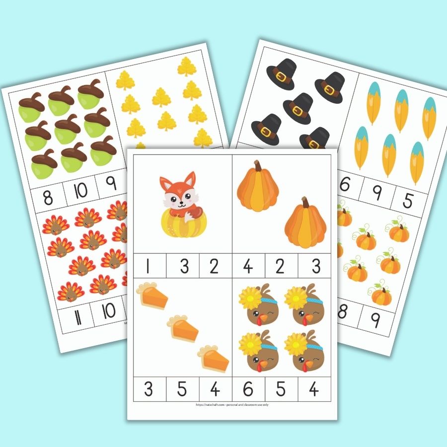 Thanksgiving Counting Clip Cards for Preschool
