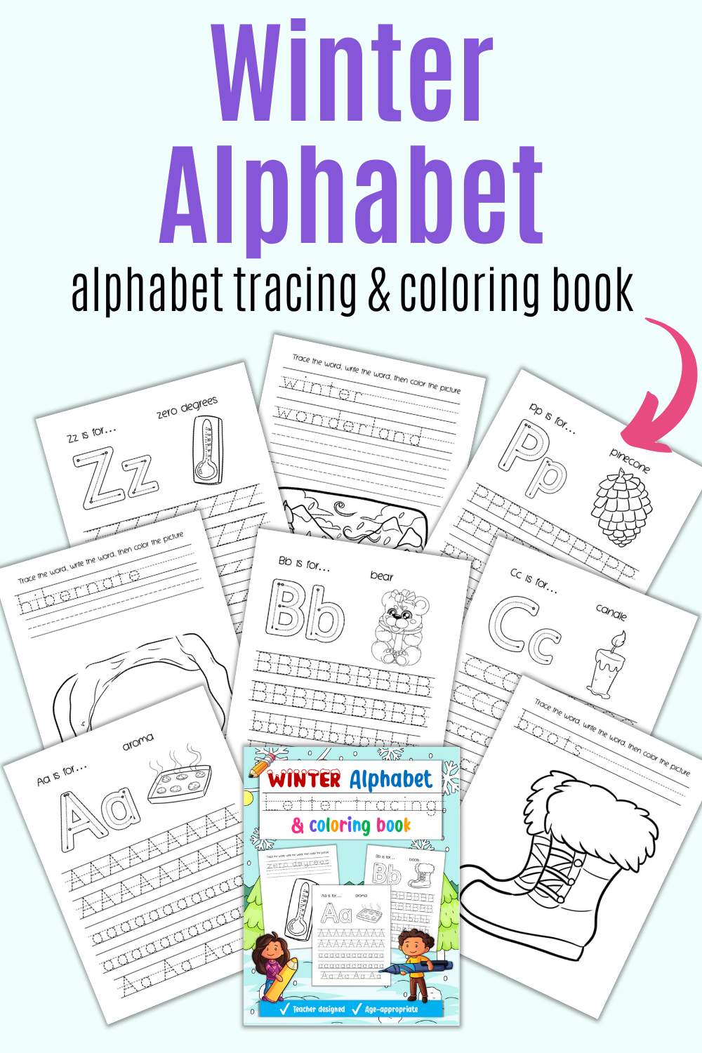 text "winter alphabet tracing and coloring book" with a preview of images