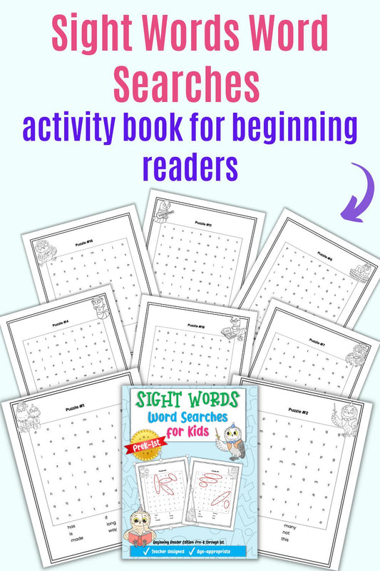 text "sight word word searches activity book for beginning readers" with a preview of pages from a sight word word search book